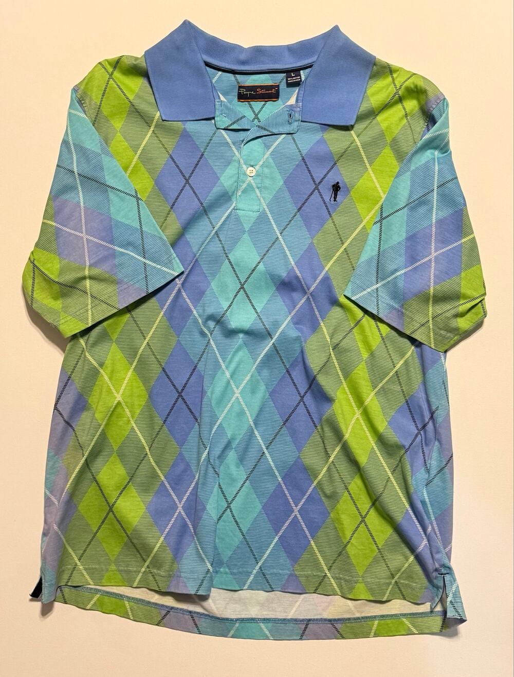 Payne Stewart Argyle Golf Polo Shirt Men's Large Blue Green Cotton
